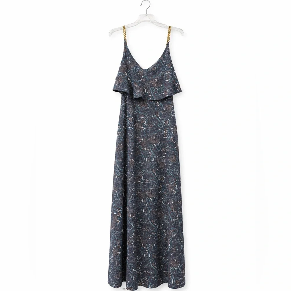 Michael Michael Kors Paisley Maxi‎ Dress w/ Gold Chain Straps Ruffle Size: L